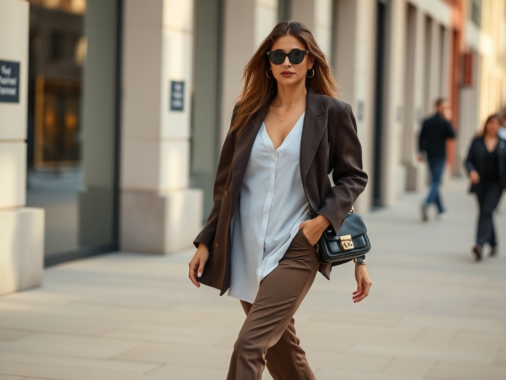 person confidently walking in a simple yet stylish outfit, street style photography, natural confidence