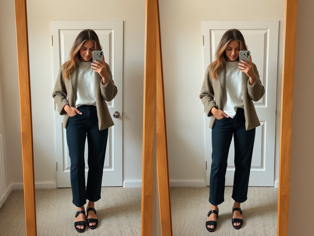person mixing and matching outfits in front of mirror, multiple looks from same pieces