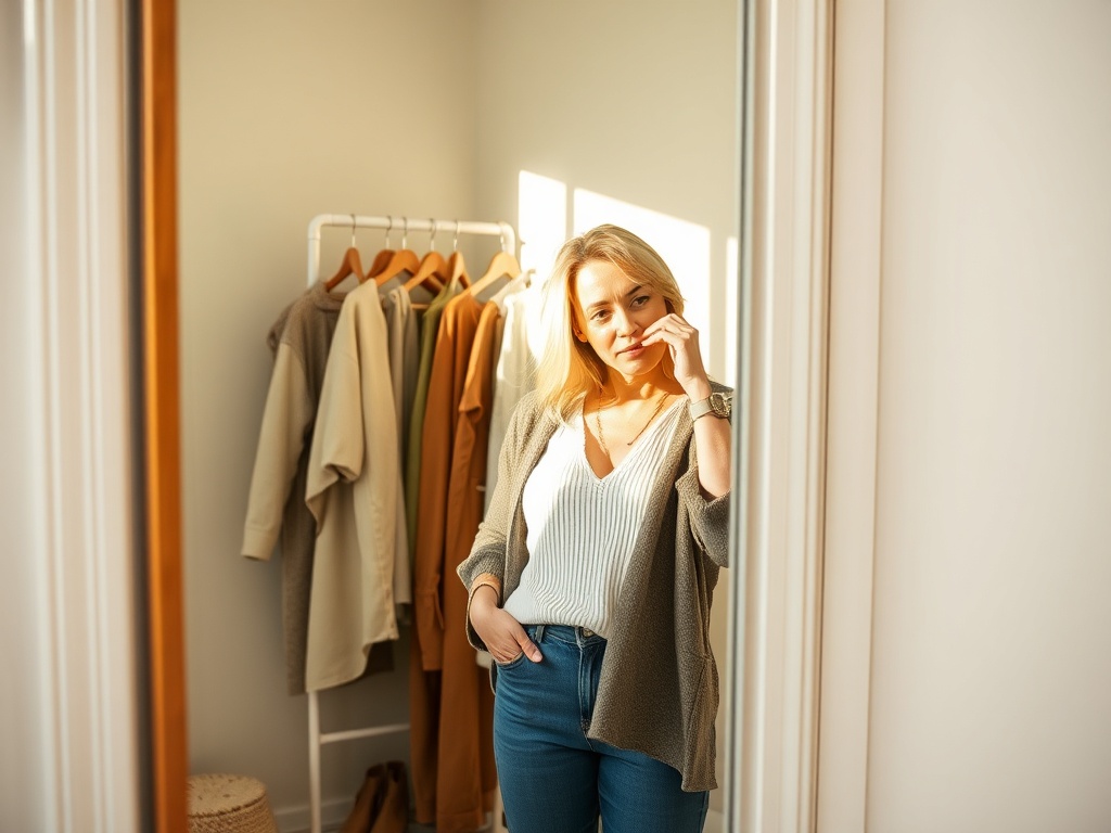 woman confidently styling outfits from a small curated wardrobe, mirror reflection, warm natural light