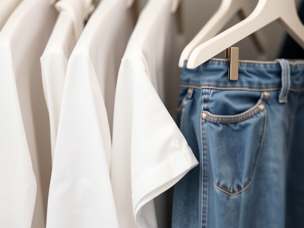 A close-up of neatly folded white shirts and denim jeans in a closet. Simple and elegant wardrobe basics.