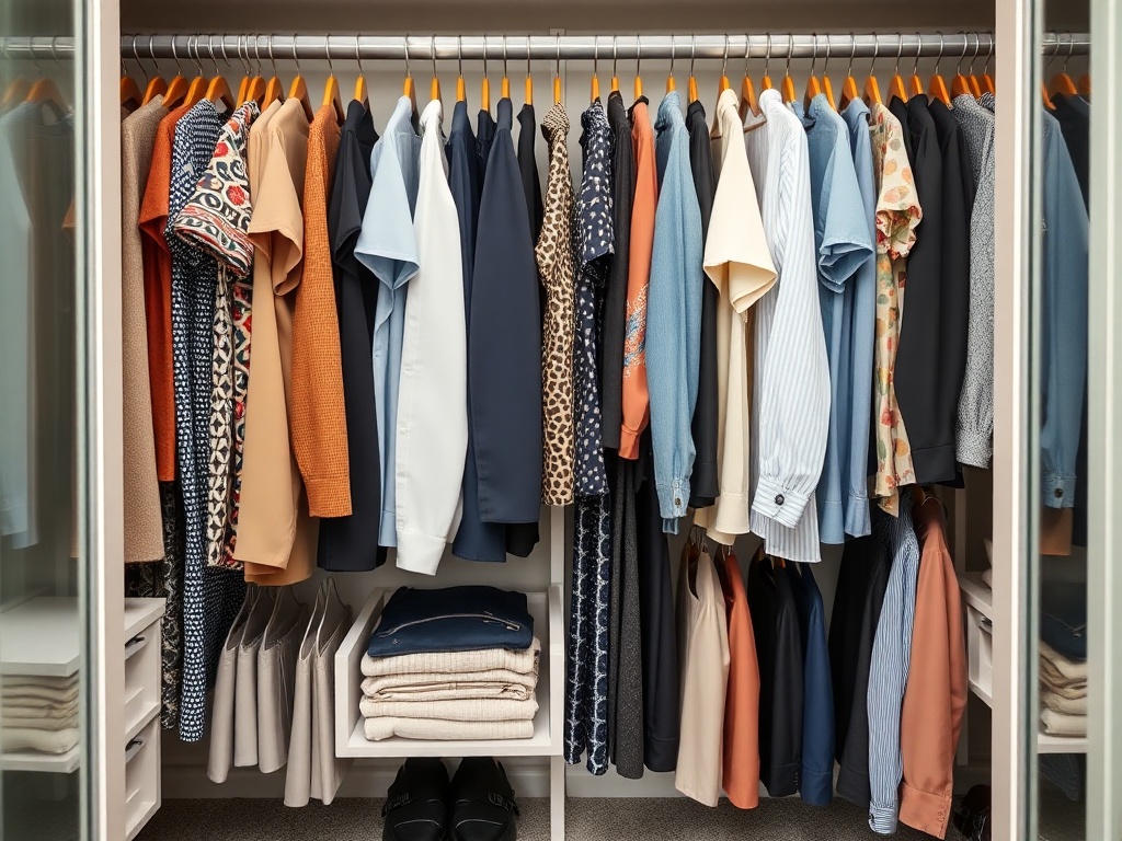 A neatly organized wardrobe with clothes arranged by type and color. Everything in its place.