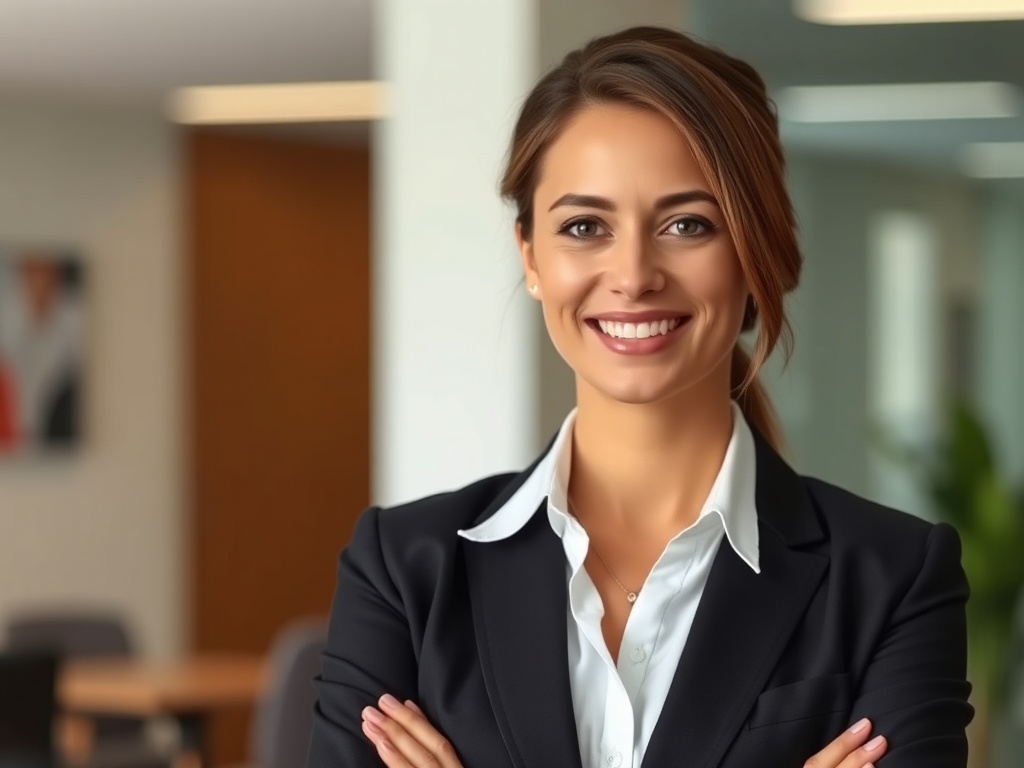 A professional woman in business attire, standing confidently in an office environment.