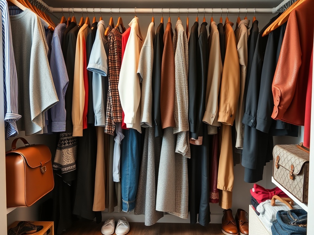A stylish wardrobe with neatly arranged clothing, mixing casual, formal, and trendy items. Bright and inviting atmosphere.