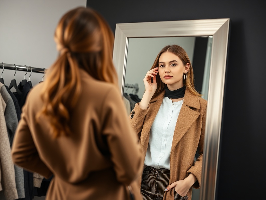 A woman trying on a trendy outfit in front of a mirror, showcasing a blend of classic and contemporary styles.
