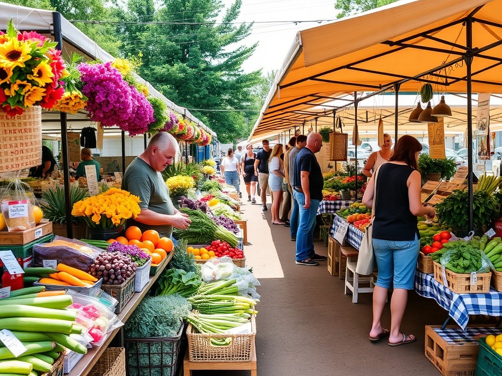 a bustling farmers market with fresh produce, flowers, and local goods