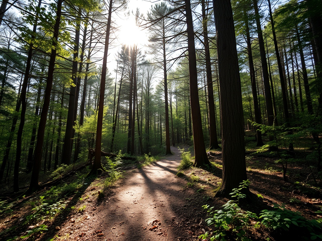 a hiking trail with trees and sunlight filtering through the forest canopy
