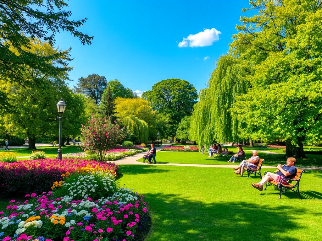 a lush park with vibrant flowers and green trees, people relaxing on benches