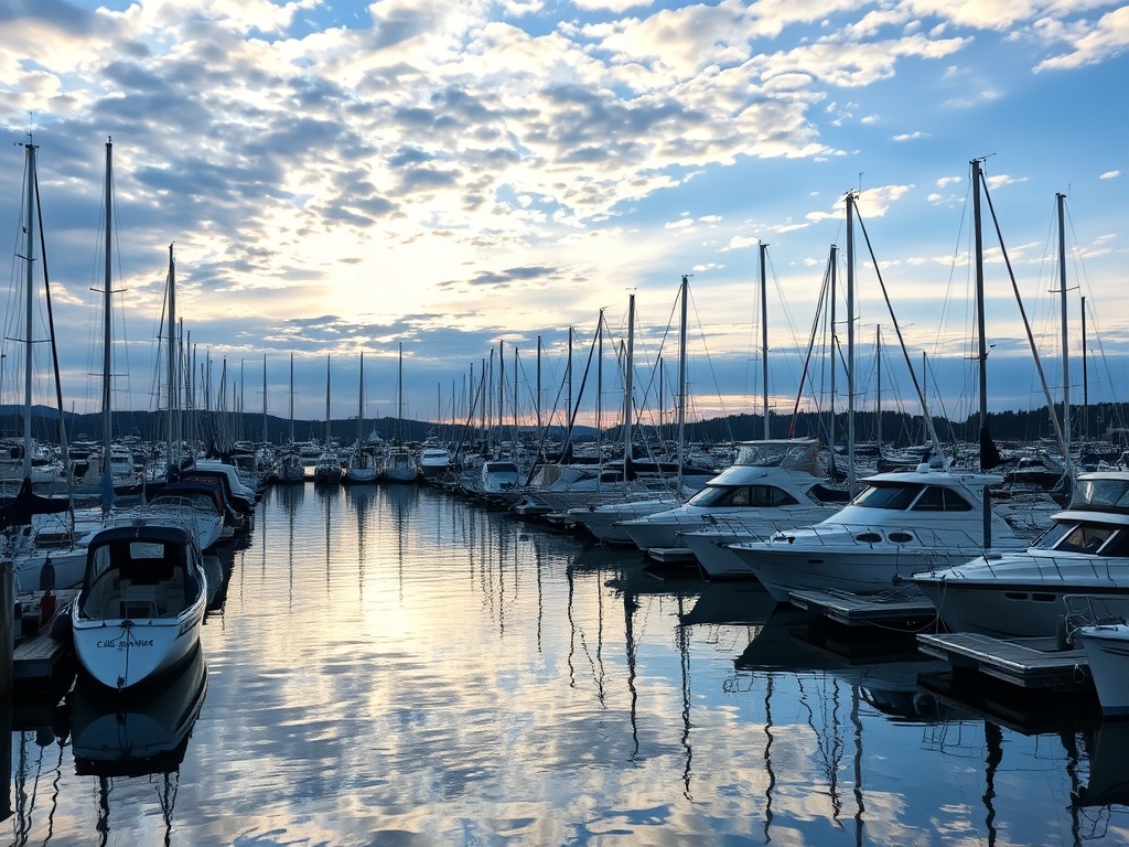 a marina with boats docked and calm water reflecting the sky