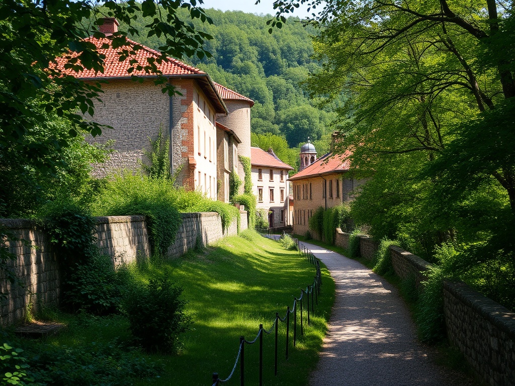 a scenic trail with historic buildings and lush greenery