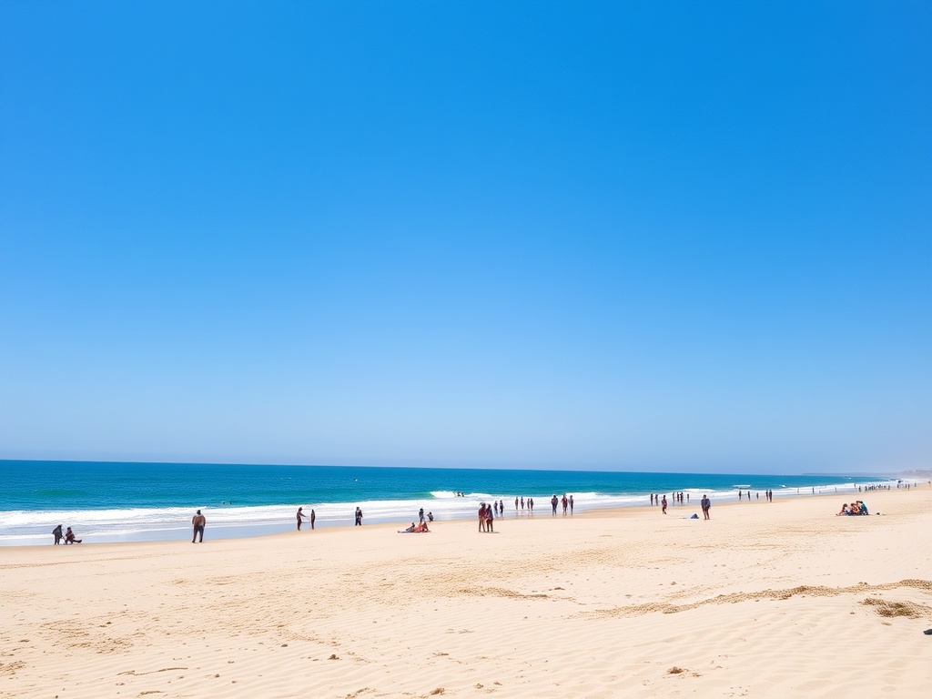 a sunny beach with people enjoying the sun, clear skies, and sandy shores