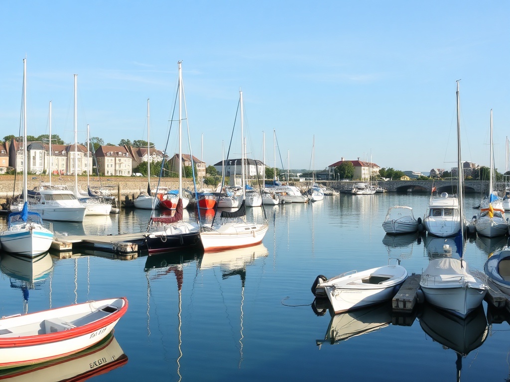 a tranquil harbour with boats docked, calm water, and a clear sky