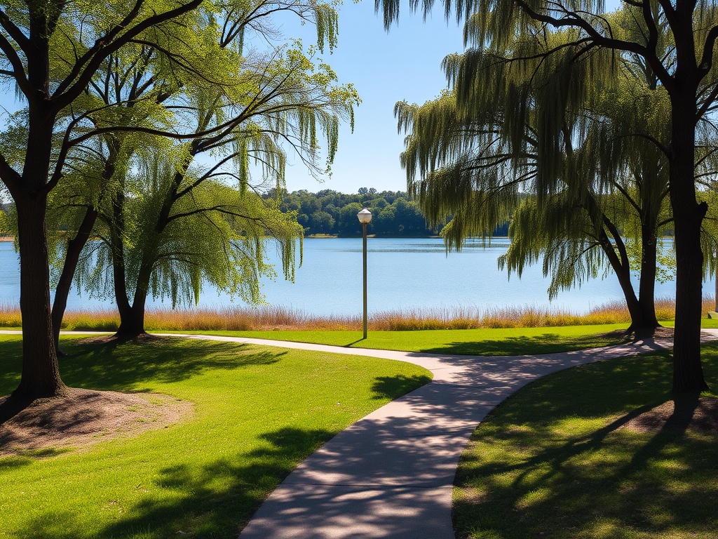 a tranquil park with walking trails, wildlife, and a peaceful lake