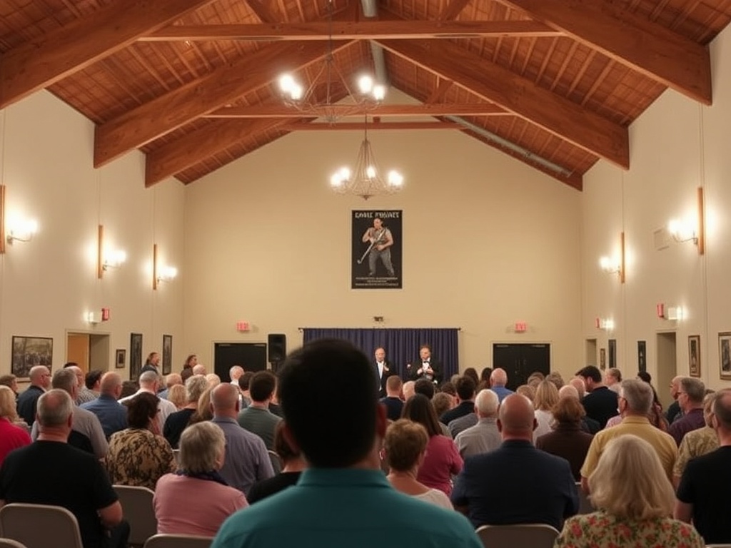 an event happening inside a community center with people gathering for a show