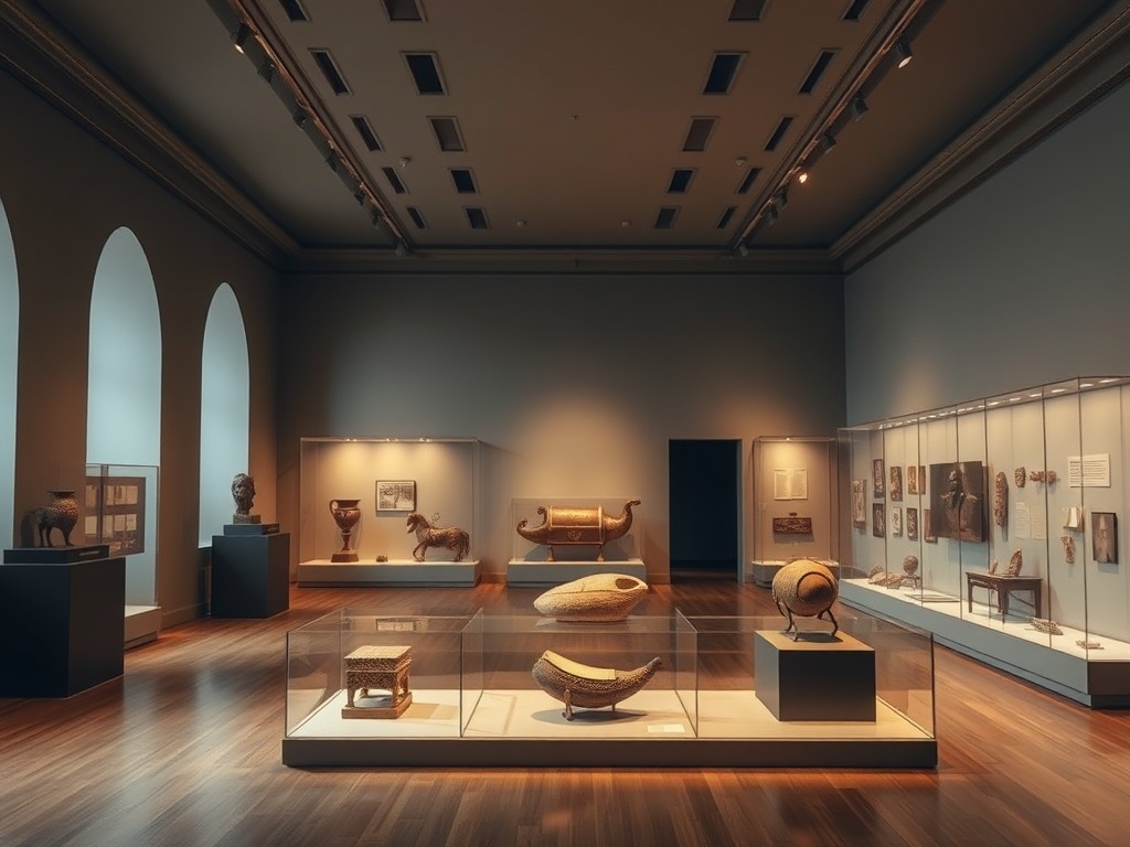 an exhibit with historical artifacts in a well-lit museum gallery