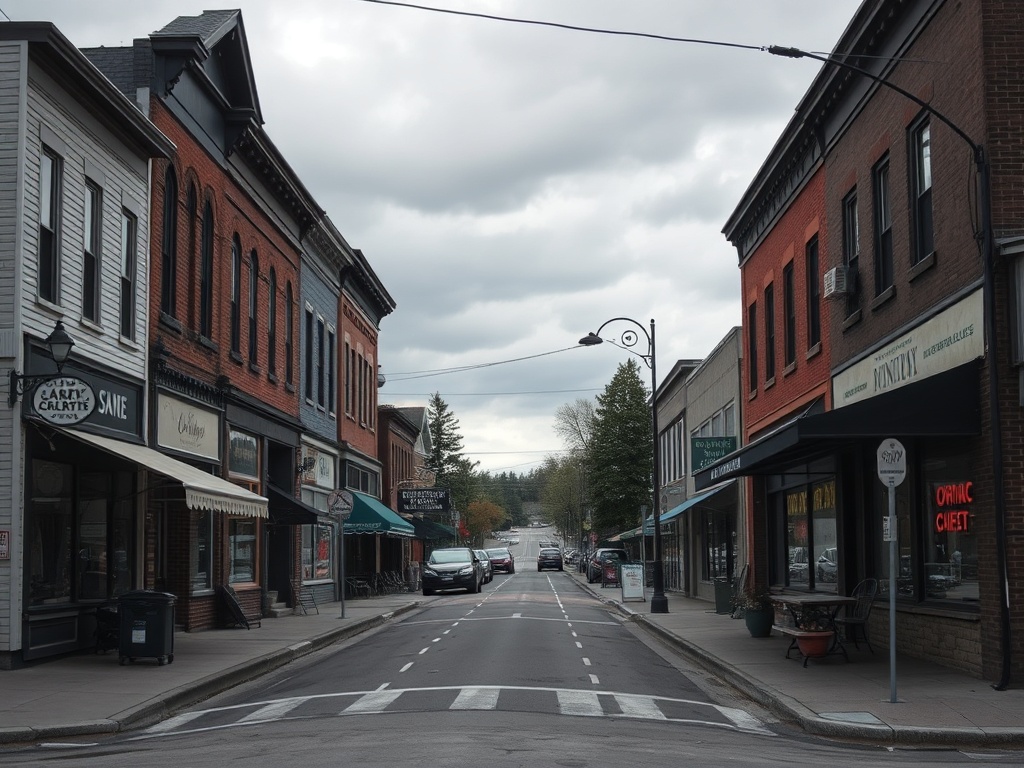 small northern Ontario town street quiet realistic everyday life shops overcast sky