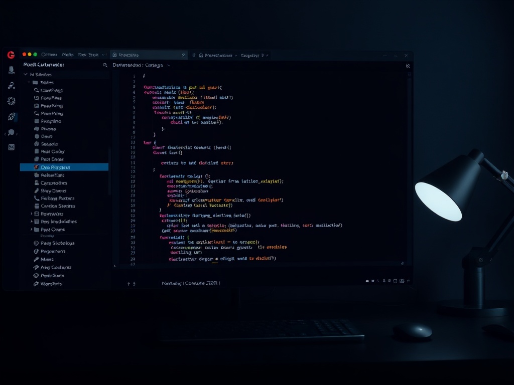dark themed VS Code workspace with minimal extensions, clean code editor, modern developer desk setup