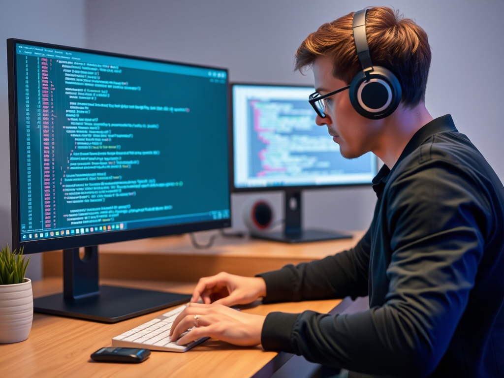 developer collaborating with AI assistant generating code suggestions on screen