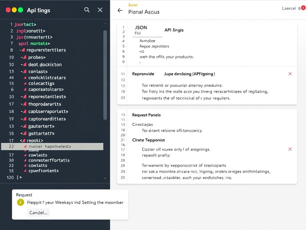 API testing interface showing JSON responses and request panels