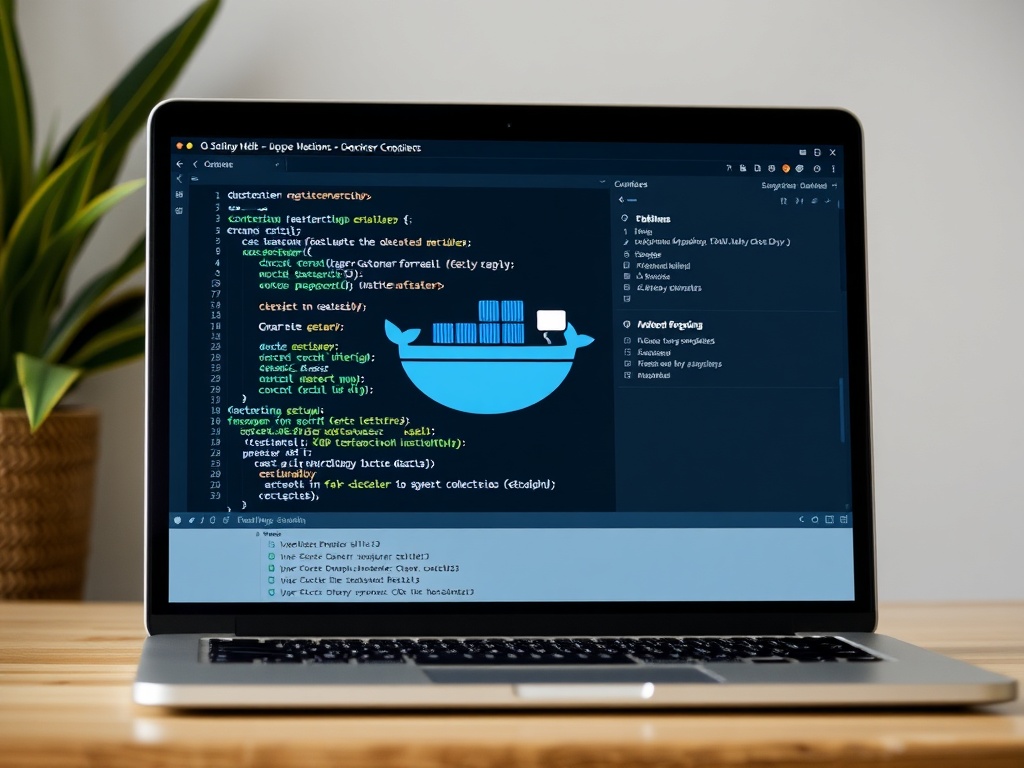 clean docker containers visualization on laptop screen with dev environment setup