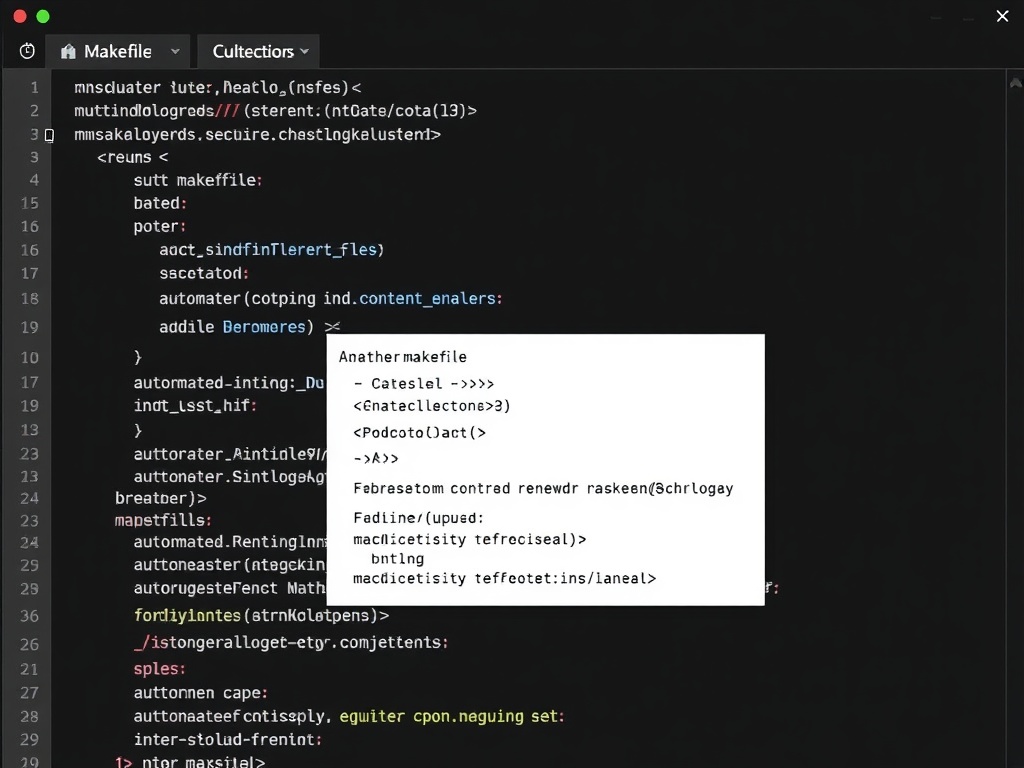 code editor showing Makefile commands and automated tasks