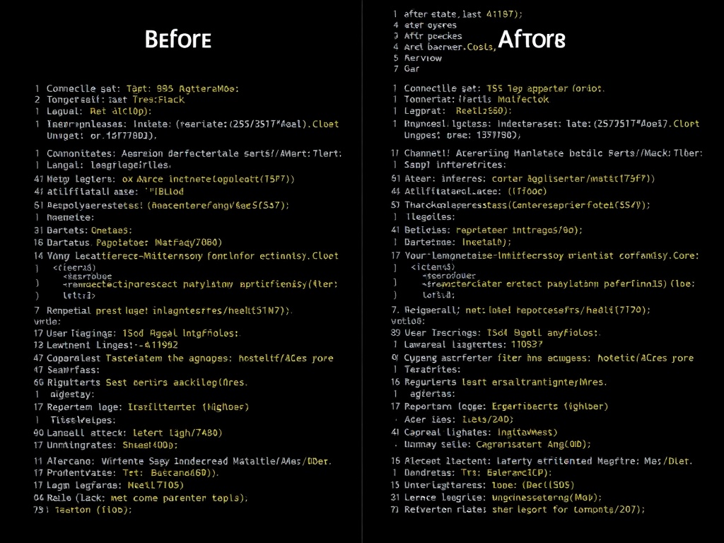 code formatting before and after with linting highlights and clean code