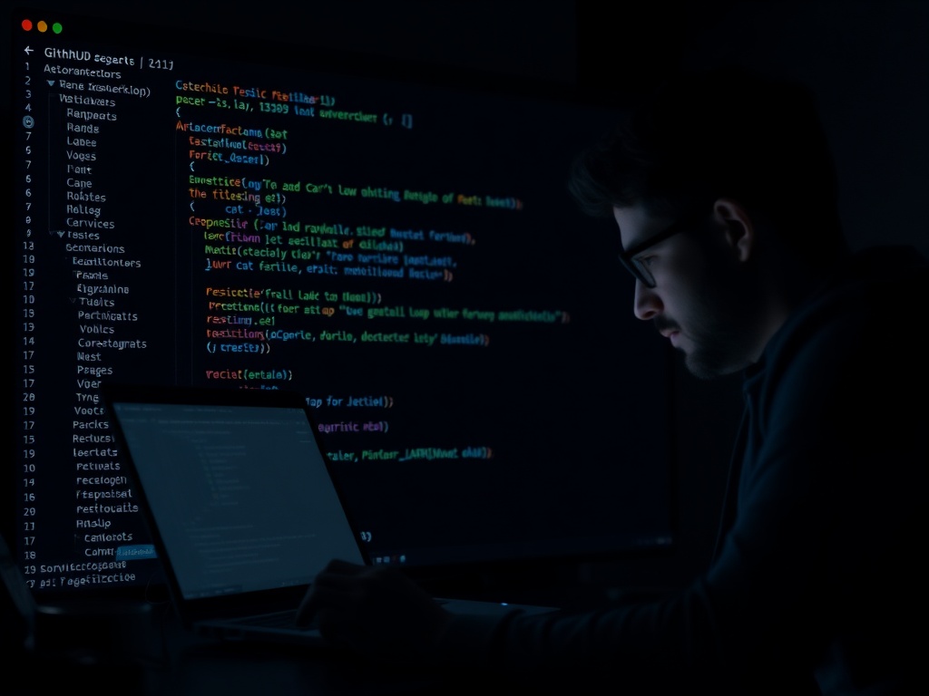 developer using terminal with GitHub CLI commands, sleek dark terminal UI