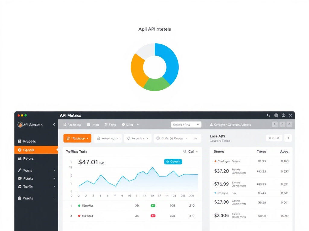 diagram showing API metrics dashboard with traffic stats, error rates, and response times