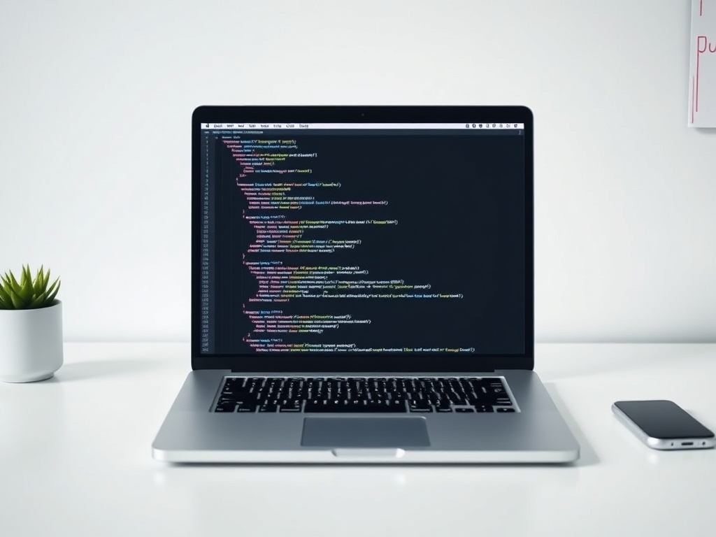 A clean desk with a laptop showing JavaScript code on the screen, minimalist design.