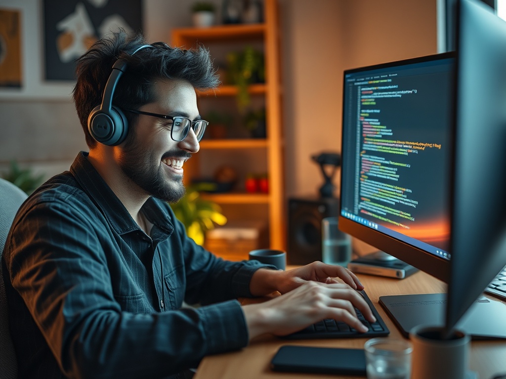 A happy developer coding with clear, organized code on the screen in a cozy workspace.
