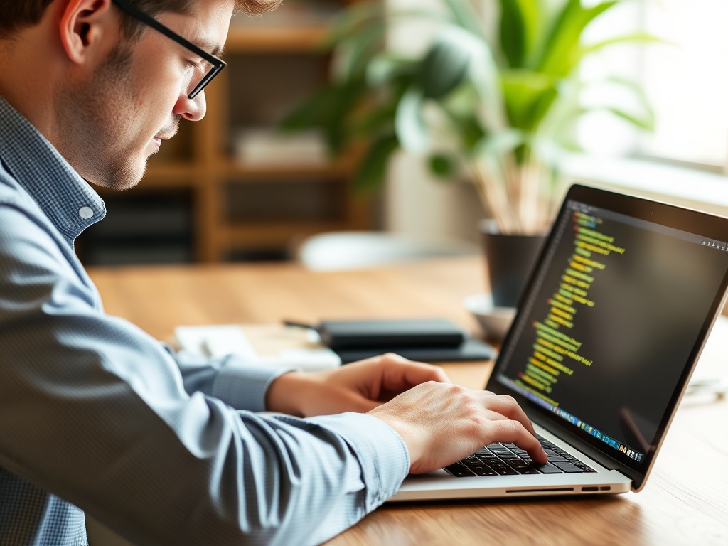 A person working on a laptop, writing reusable code, emphasizing efficiency in the workspace.
