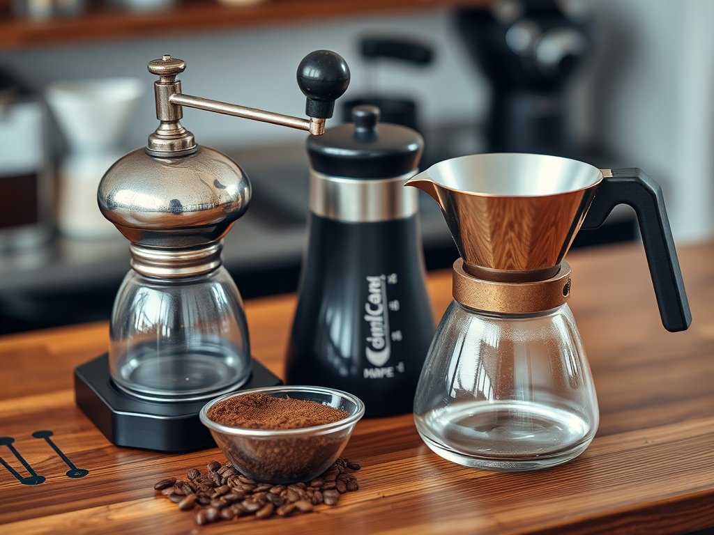 A beautiful coffee setup, with a vintage grinder, brewing equipment, and freshly ground coffee on a wooden table.