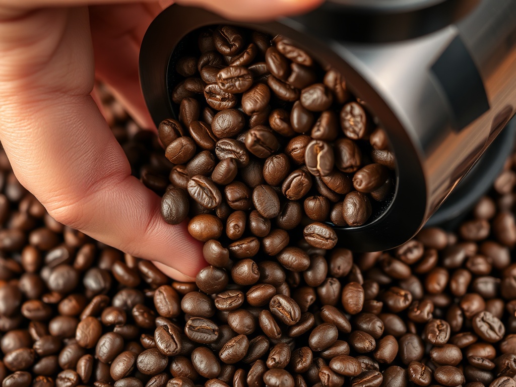 A close-up of freshly roasted coffee beans and a hand grinding them with a manual coffee grinder.