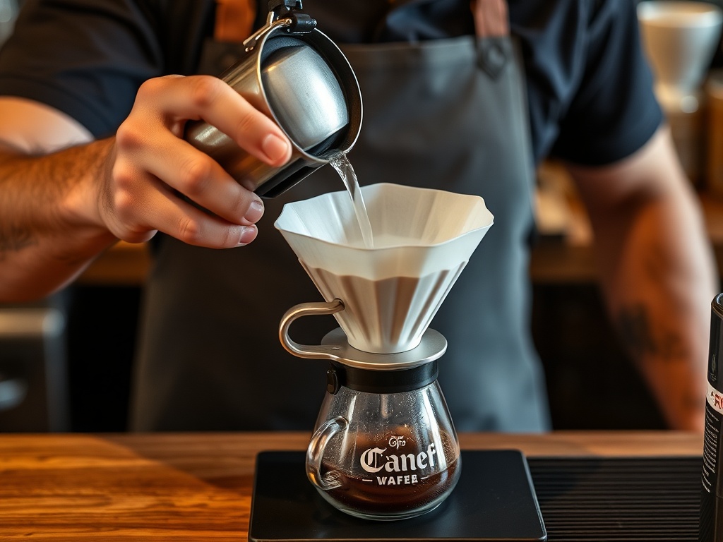 A skilled barista adjusting the grind size and pouring hot water over the coffee grounds in a pour-over setup.