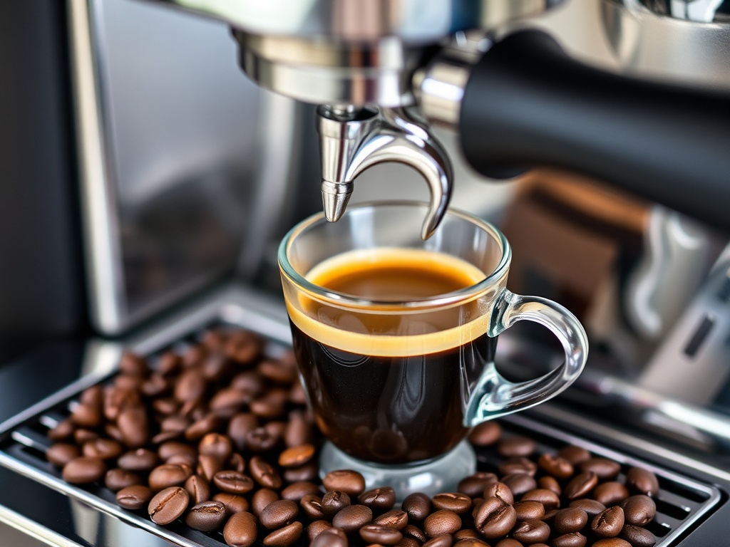 An espresso machine with a freshly brewed shot of espresso in a cup, surrounded by coffee beans.