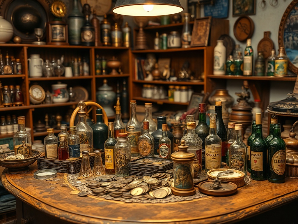 a cluttered antique shop table with coins bottles and small collectibles under warm lighting