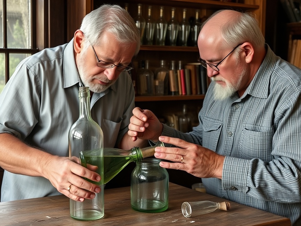 collector examining old glass bottle base for pontil mark