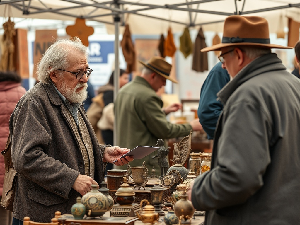 collector negotiating with vendor at flea market over small antiques