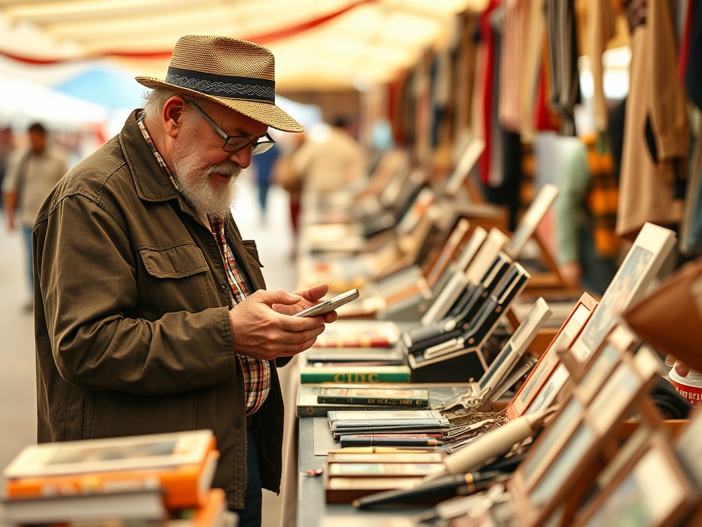 collector quickly checking phone while browsing flea market table