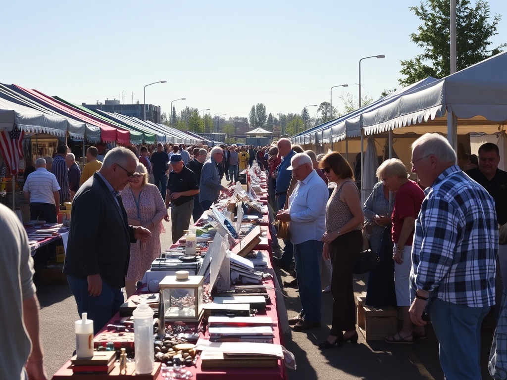 early morning flea market scene with collectors scanning tables