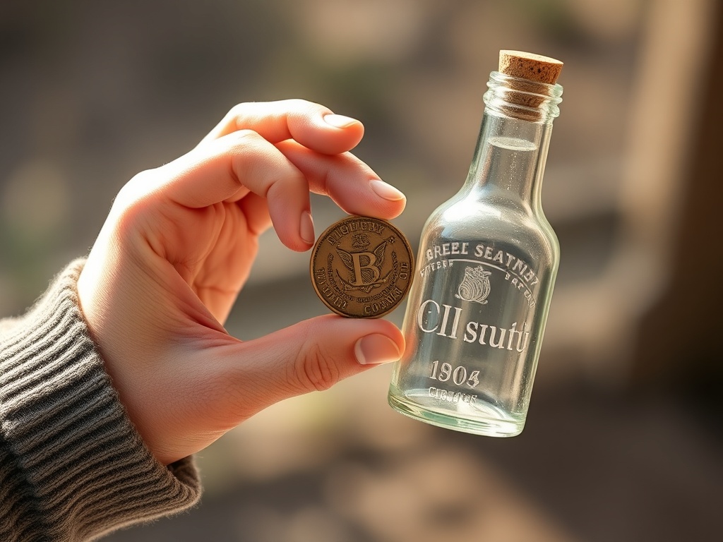 hands carefully holding a vintage coin and glass bottle in natural light