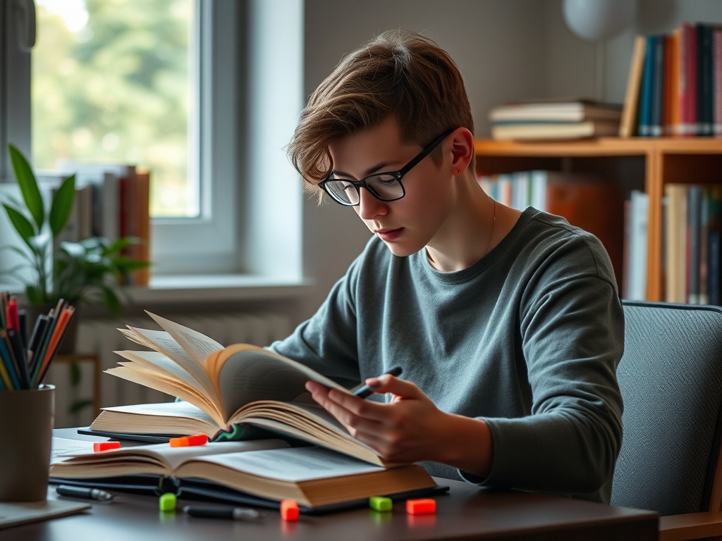image of student studying in a quiet, focused environment, books open, highlighters scattered