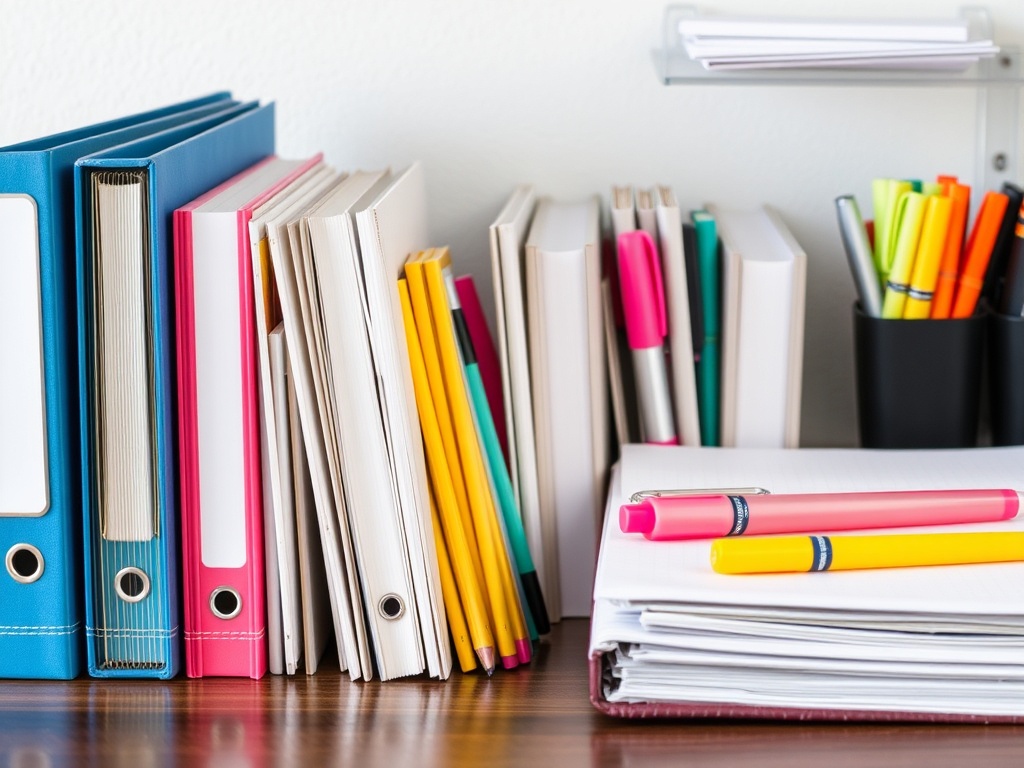 student organizing study materials, binders, notebooks, highlighters