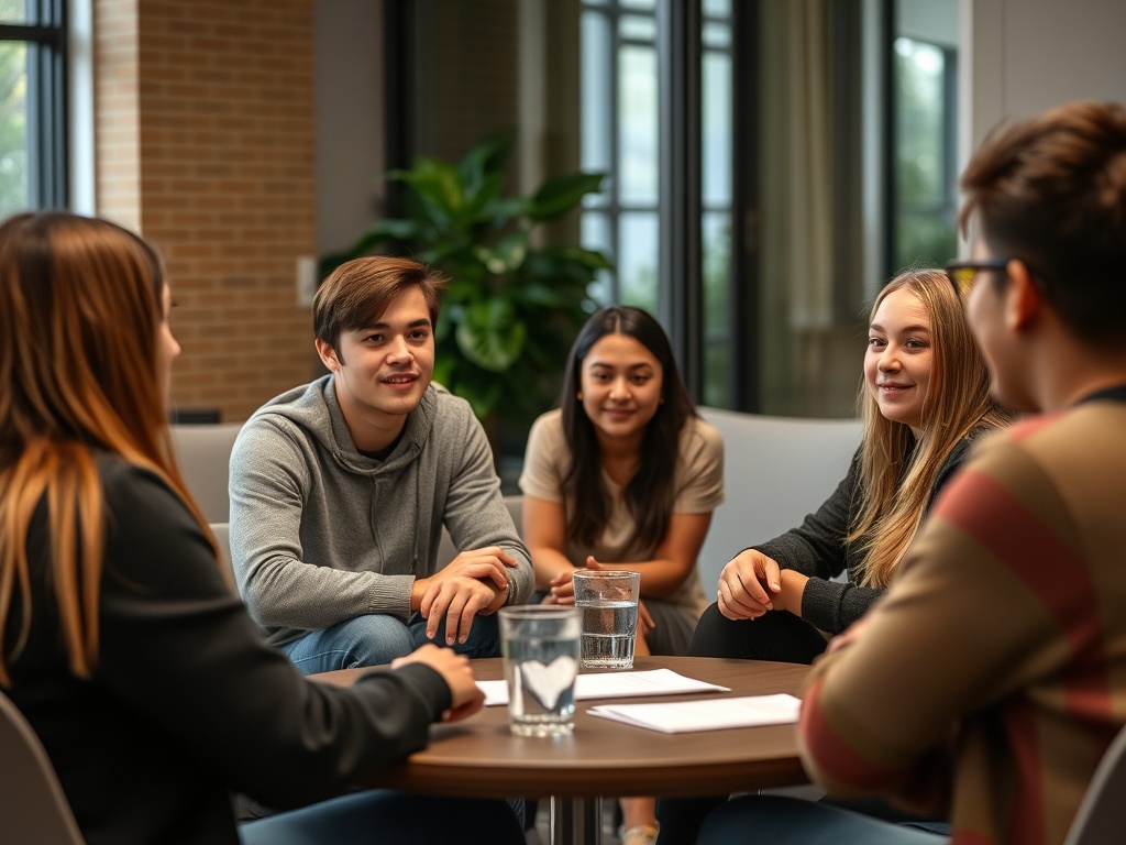 students participating in a college club meeting, engaging conversation, diverse group