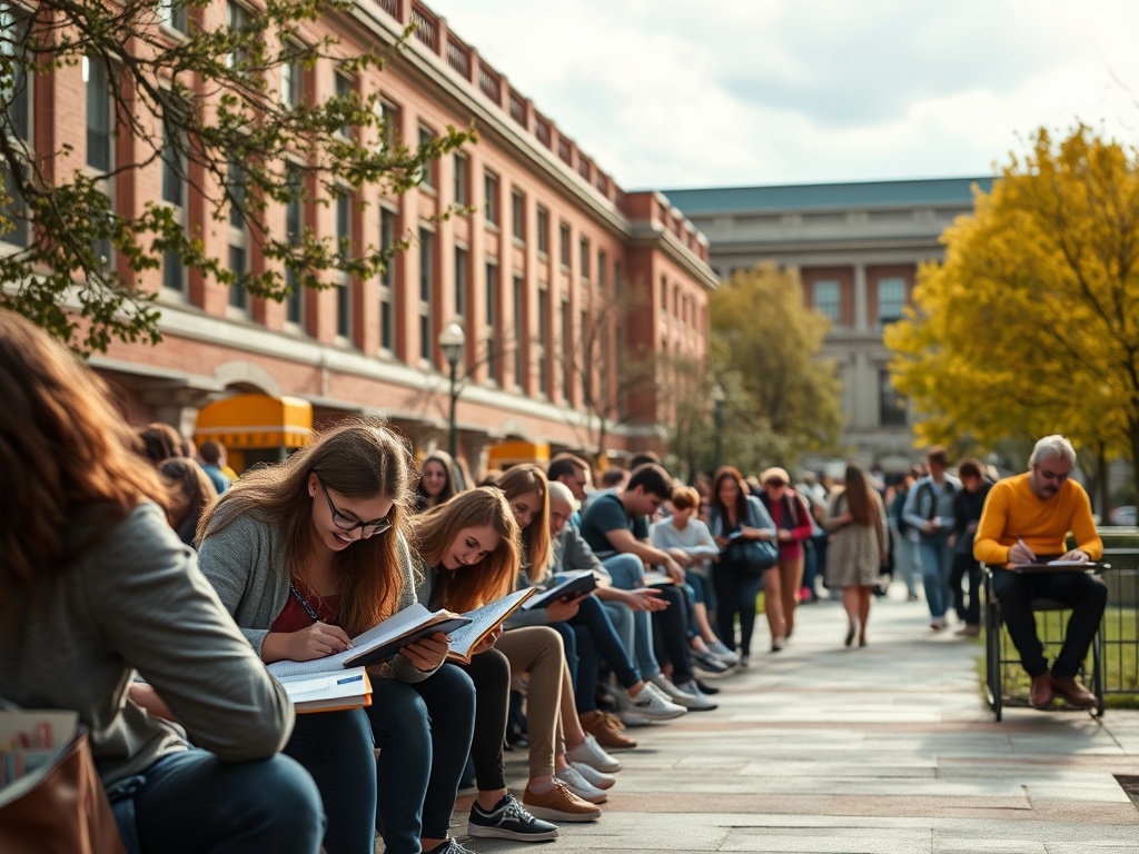 vivid description of college campus, students studying, energetic atmosphere