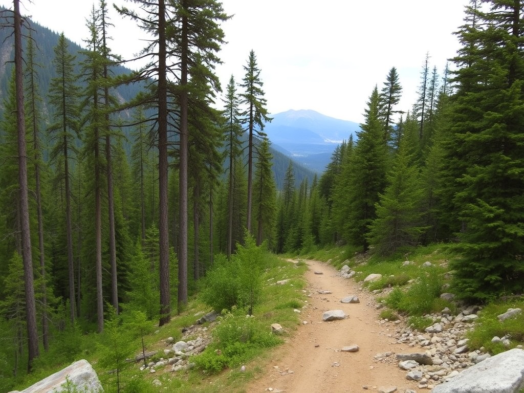 hiking trail in Pretty River Valley with tall trees, rocky terrain, and a distant mountain view