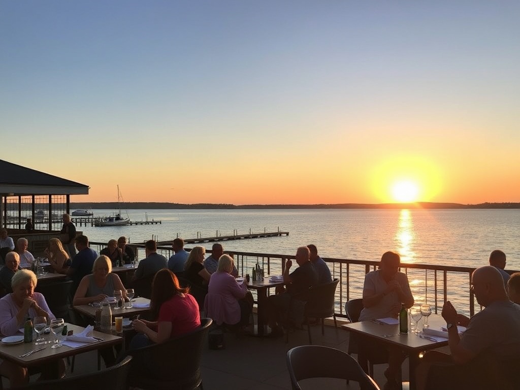 outdoor dining at Huron Club with people enjoying meals, waterfront view, and setting sun