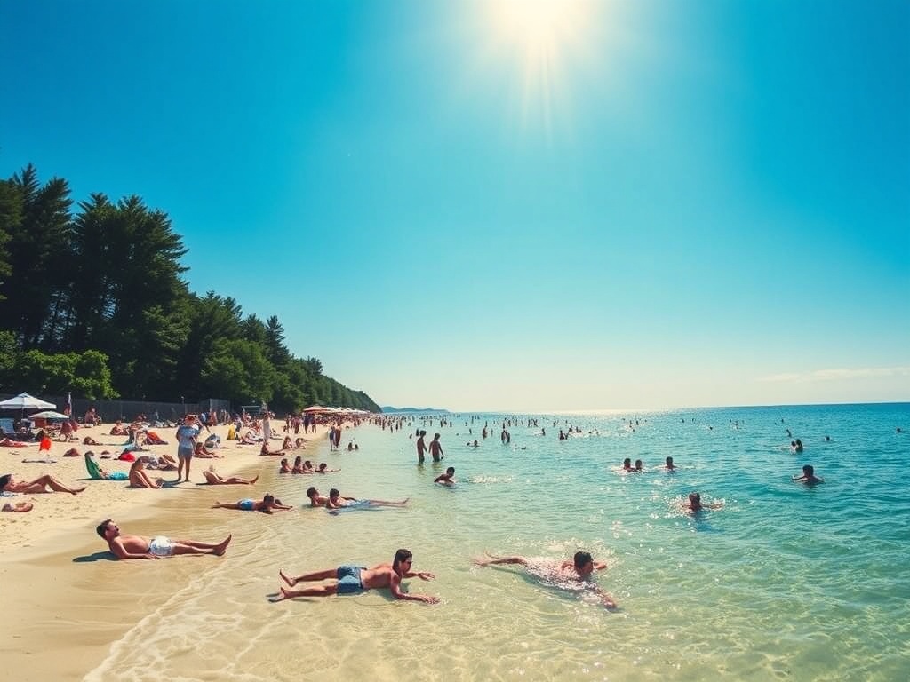 people lounging on Wasaga Beach, enjoying the sun and swimming in clear water