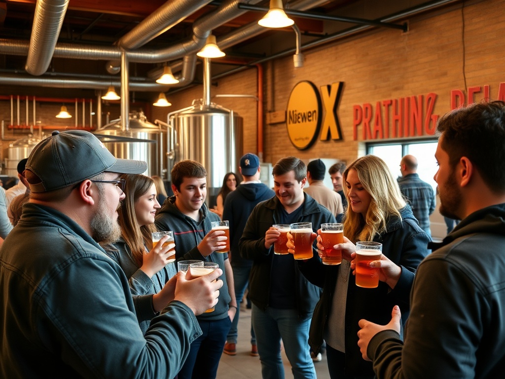 people on a brewery tour enjoying samples of beer, craft brewery ambiance