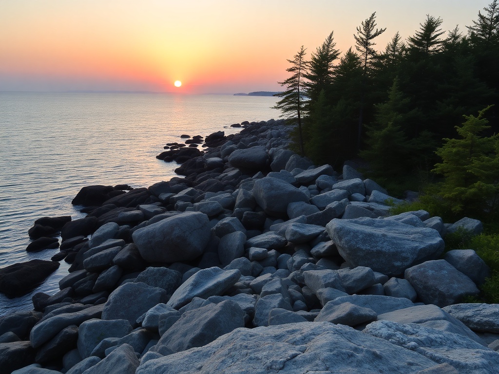 rocky coastline and serene waters of Georgian Bay, lush green trees, and a peaceful sunset