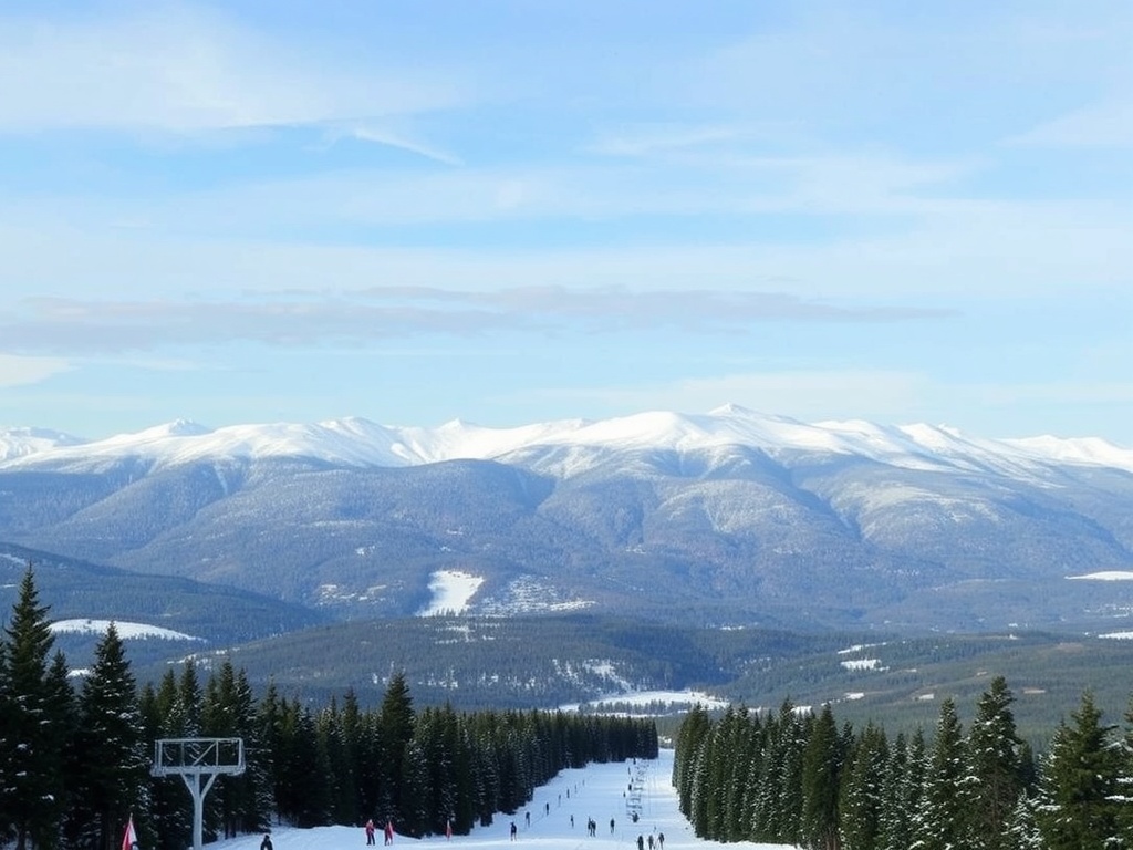 winter wonderland view of Blue Mountain Resort, snow-covered hills, and people skiing